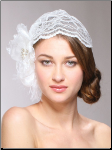 Juliet Bridal Cap with Dark Ivory Lace, Organza Flower & Feather Hair Clip
