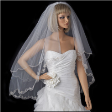 Bridal Wedding Double Layer Fingertip Waltz Length Embroidered Edge Veil
