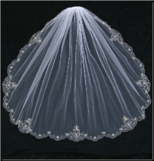 Single Tier Veil with Silver Embroidered Edge, Seed Beads and Pearl Beads